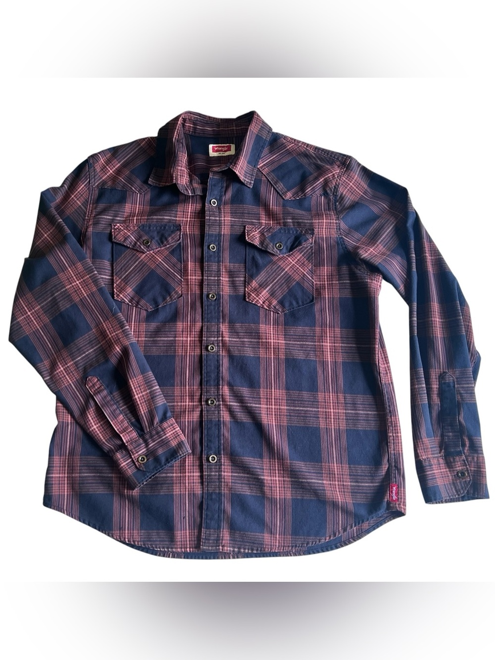 Wrangler Large Navy and Pink Plaid Western Button-Down Shirt